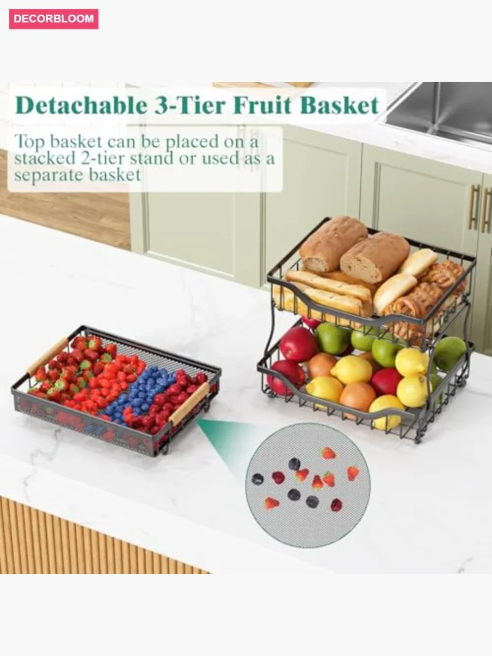 3 Tier Countertop Fruit Mesh Basket with Banana Hooks